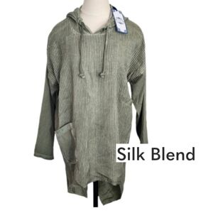 Tempo Paris Top Silk Blend Hooded Assymetrytical Hem Green Size L
